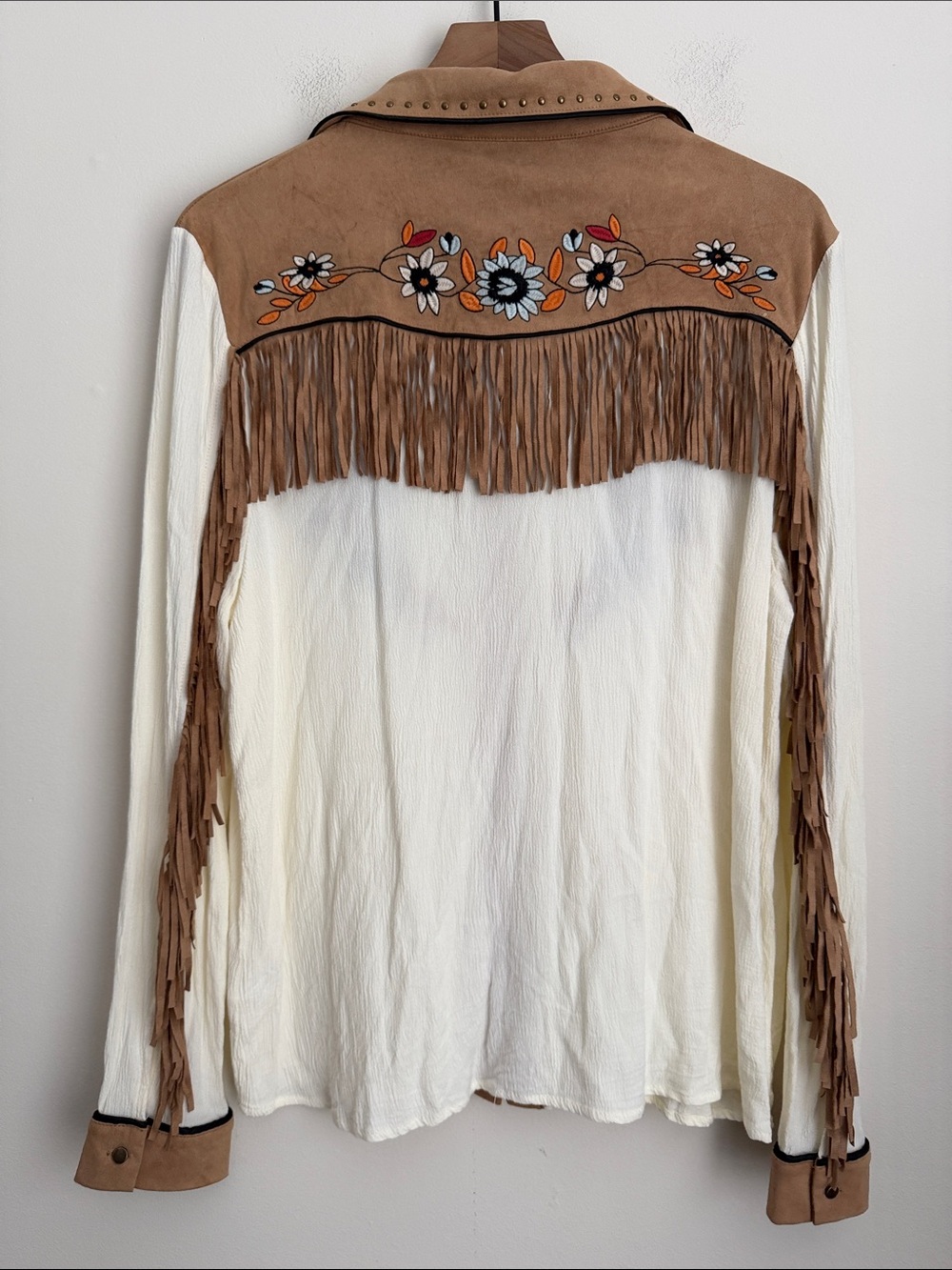 John Moon Texas Suede Fringe Western Long Sleeve Shirt Studs Embroidery Cowgirl - Picture 4 of 8